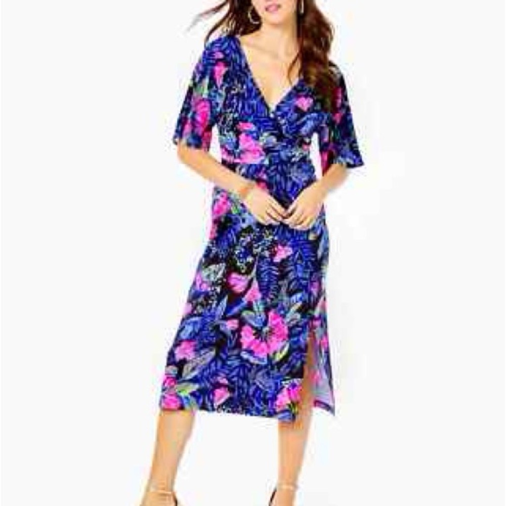 Floral V-Neck Midi Dress - Blue and Pink